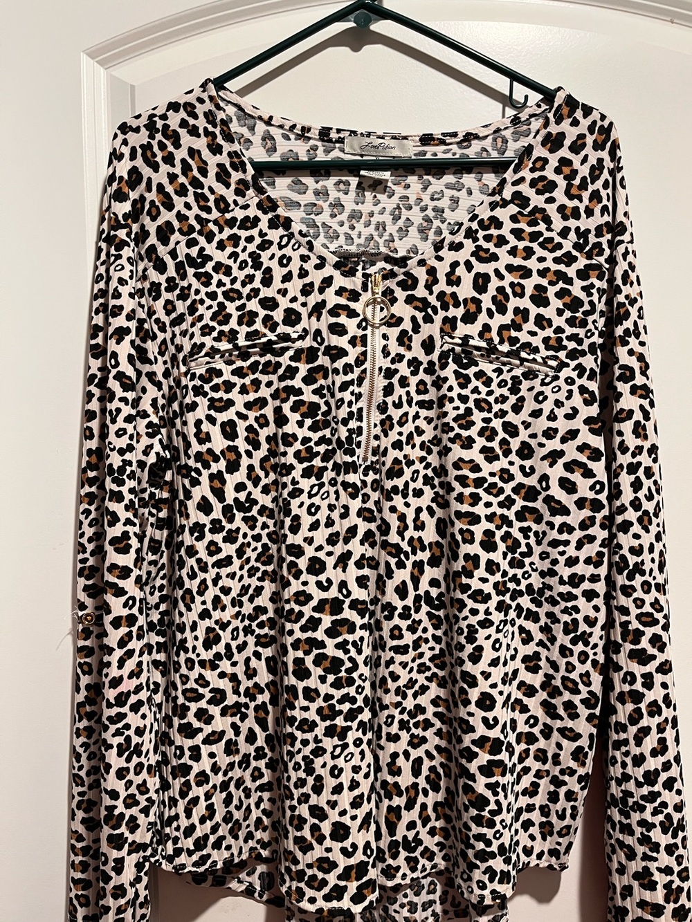 Leopard Print Zip-Front Long Sleeve Top - Taupe/Black by Love Riche